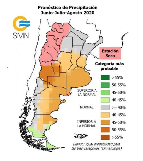 Previsión de precipitaciones para el invierno 2020 en Argentina.