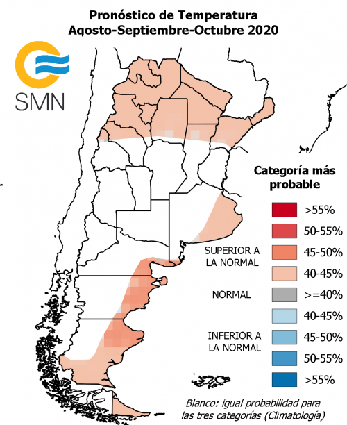 Temperaturas: Pronóstico climático para el trimestre agosoto septiembre y octubre de 2020. Servicion Nacional Meteorolologico de Argentina