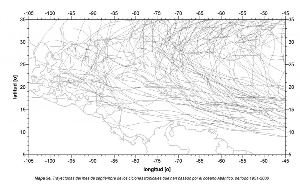 Trayectorias del mes de agosto de los ciclones tropicales que han pasado por el océano Atlántico, periodo 1951-2000. Mapa por CENAPRED México y Instituto Mexicano de Tecnología del Agua