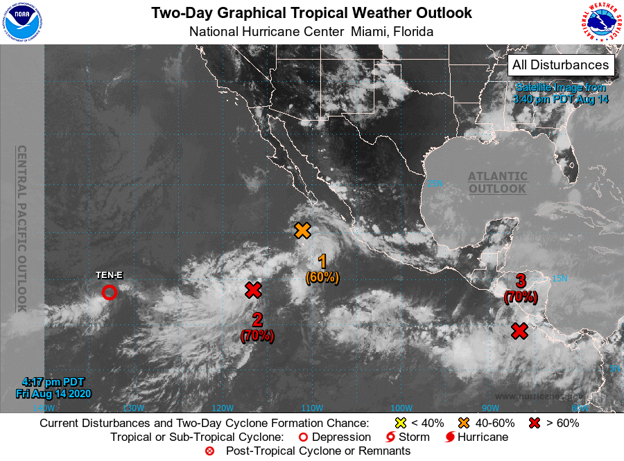 Perturbaciones sobre el Pacífico Oriental viernes 14 agosto. Imagen por el Centro Nacional de Huracanes