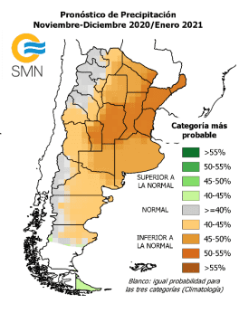 Previsión de precipiaciones para el trimestre nov-enero Argentina. Mapa por SMN