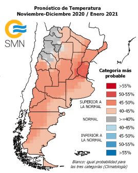 Previsión de temperaturas para el trimestre nov-enero Argentina. Mapa por SMN