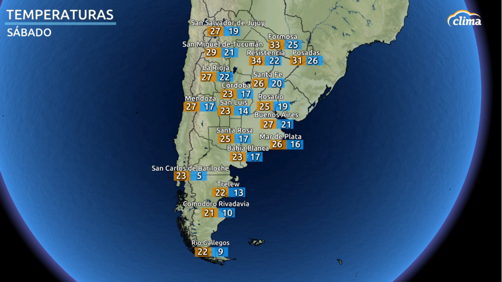 Temperaturas durante el sábado en Argentina