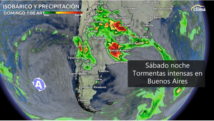 Tormentas fuertes a severas en dominio de Buenos Aires, incluyendo a CABA el sábado por la noche hasta la madrugada el domingo.