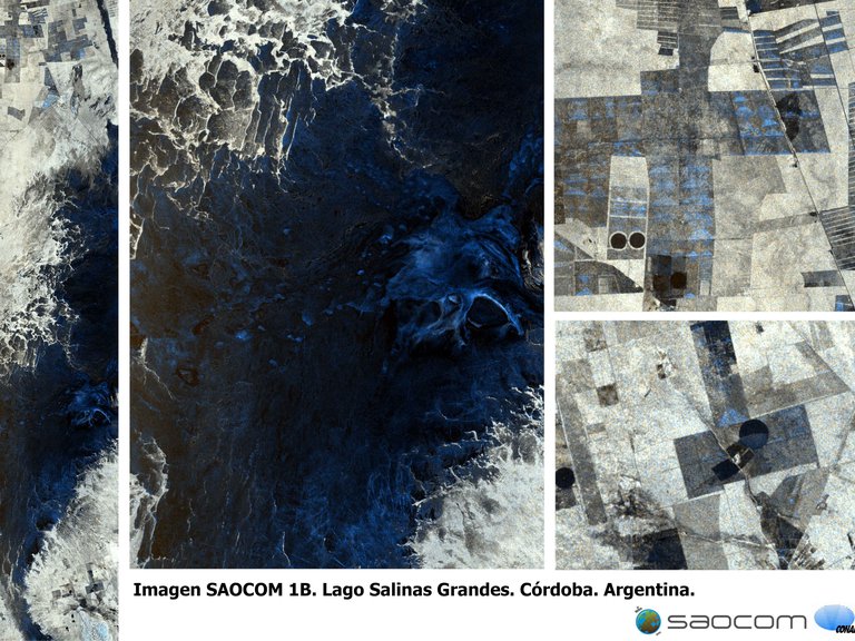 Imágenes del Lago Salinas Grandes y su reservorio de agua en tonos azulados FOTO cortesía de CONAE