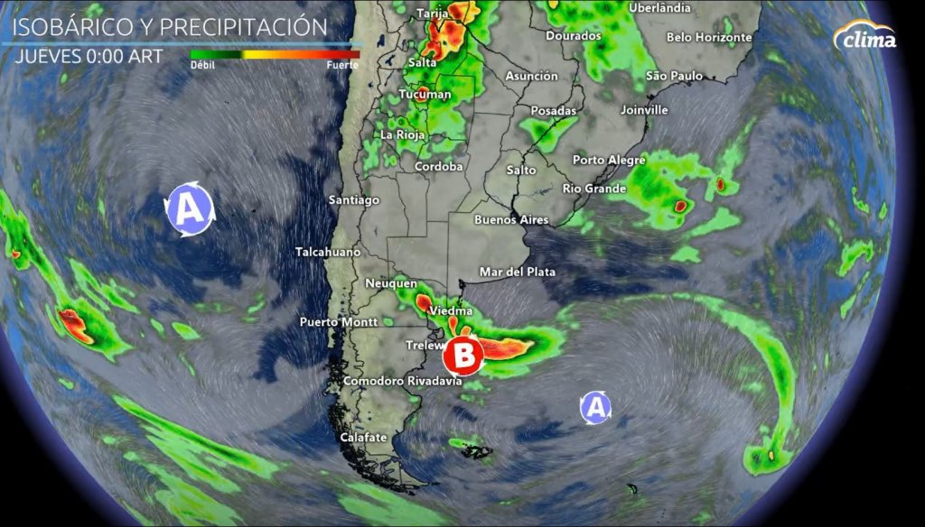 Un sistema de baja presión estará moviéndose paralelo a las costa de Chubut el miércoles por la noche. Incrementa el riesgo de tormentas para Río Negro el miércoles.