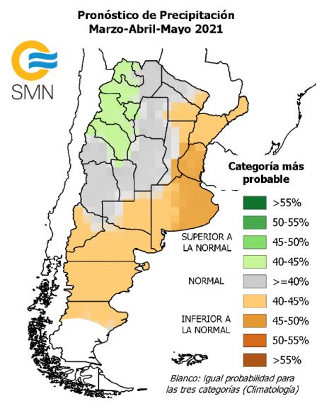 Pronóstico de lluvias para el otoño 2021 en Argentina. Mapa y datos por SMN