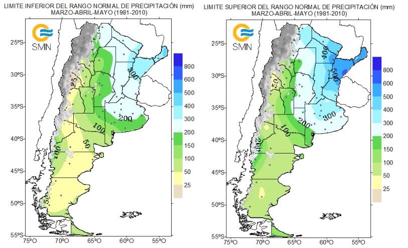 Mapa indica el límite de valores considerados normales para la época otoñal en Argentina. Mapa-datos por SMN