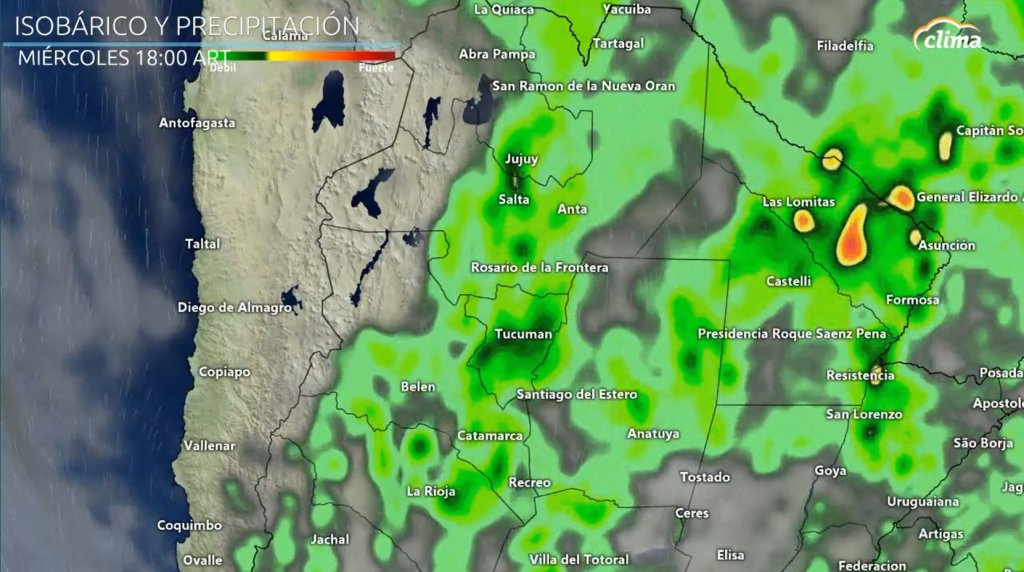 Lluvia de mayor cobertura sobre Cuyo hasta Jujuy el miércoles por la tarde.