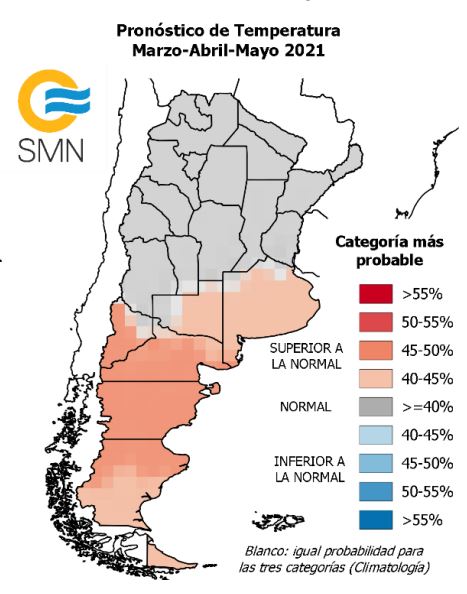 Pronóstico de temperaturas para el otoño 2021 en Argentina. Mapa y datos por SMN