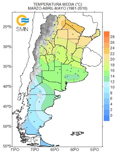 Mapa indica la temperaturas media considerada normal durante los meses de marzo, abril y mayo en Argentina. Mapa-datos por SMN