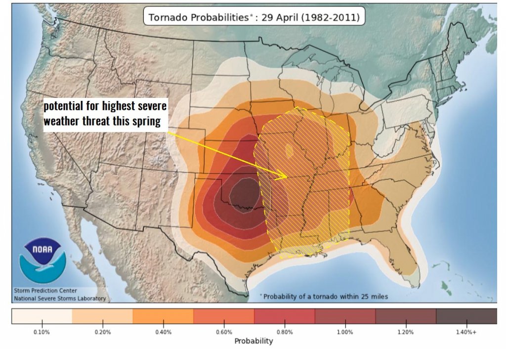 Zonas donde los tornados son más favorables a desarrollarse según la climatología. (Mapa por NOAA)
