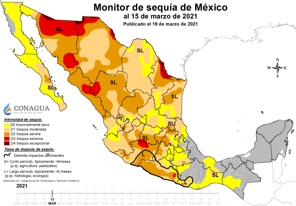 Mapa de monitor de sequía hasta el 15 de marzo 2021
