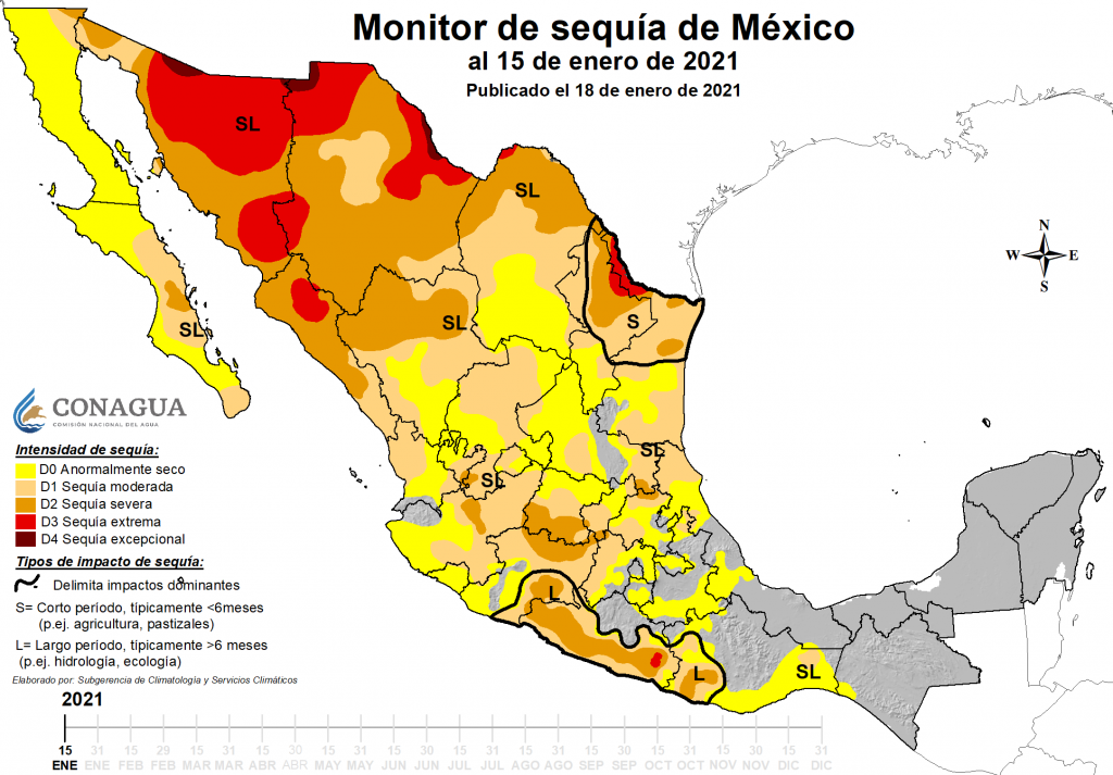 Mapa de monitor de sequía hasta el 15 de enero 2021