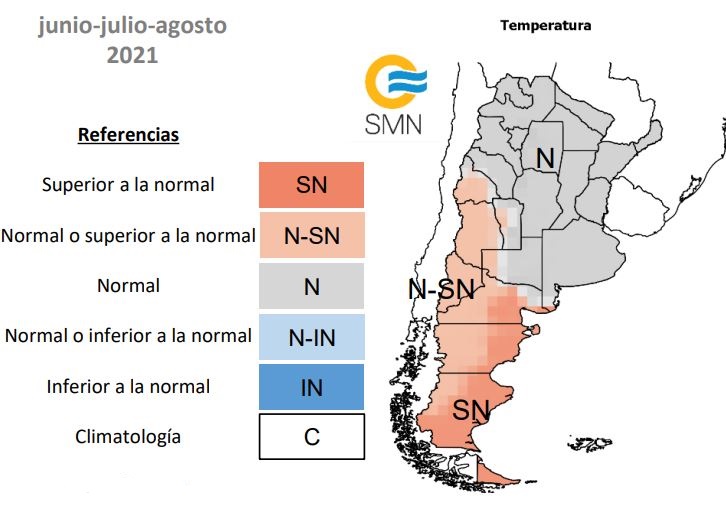 Probabilidad de rango de temperaturas en Argentina durante los meses de junio, julio y agosto 2021. Mapa por El Servicio Meteorológico Nacional.