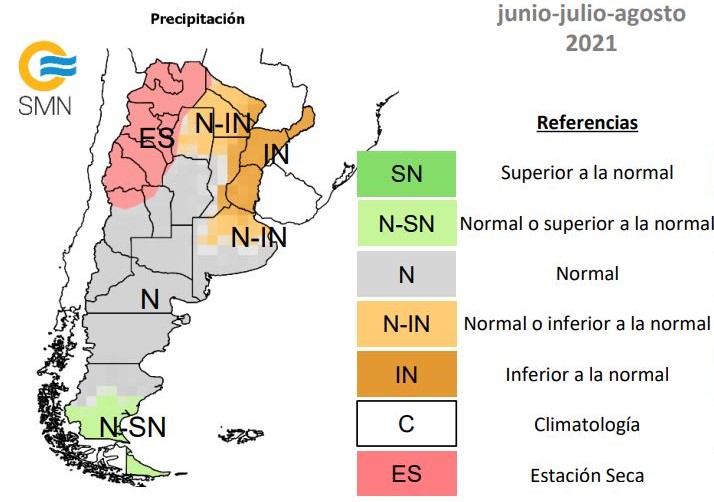 Probabilidad de precipitaciones en Argentina durante los meses de junio, julio y agosto 2021. Mapa por El Servicio Meteorológico Nacional.