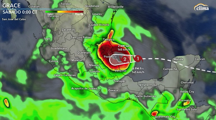 Huracán Grace llegando a la costa de Veracruz el viernes por la noche o sábado en la madrugada.