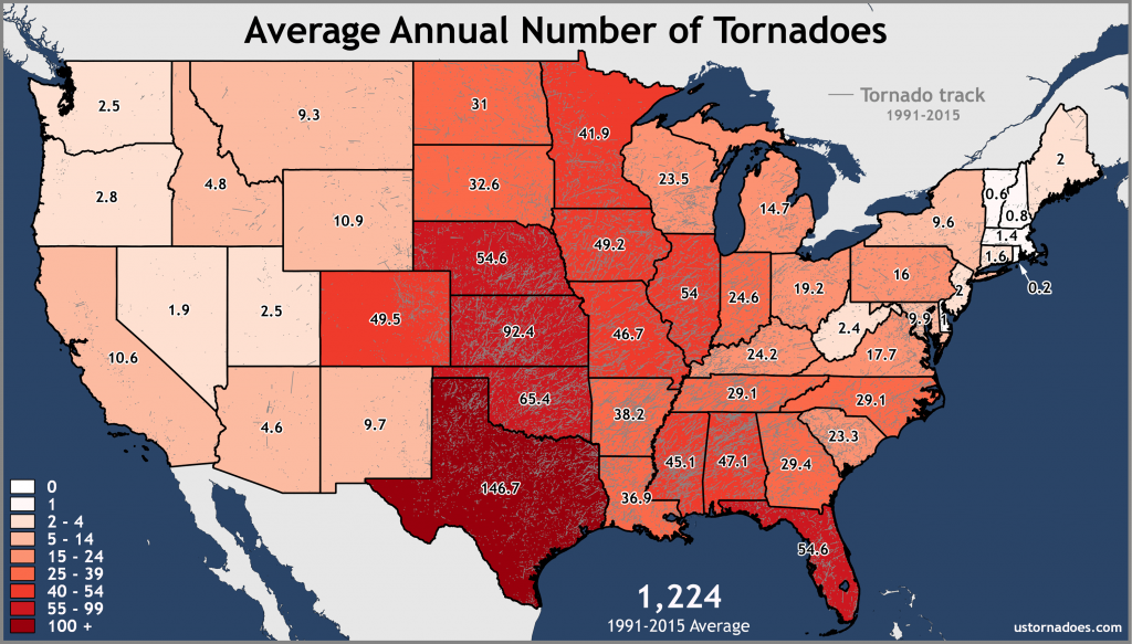 Promedio anual, número de tornados en EE.UU. Datos entre 1951 y 2015. Gráfica por USTornadoes.com