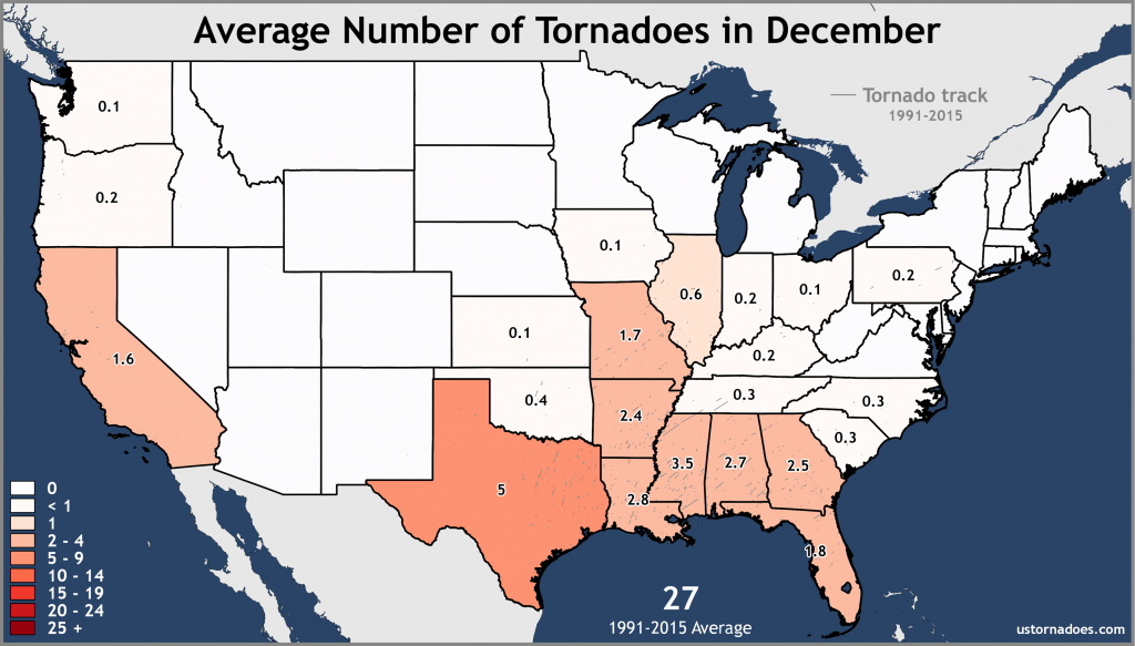 Número promedio en diciembre de tornados en EE.UU. Datos entre 1951 y 2015. Gráfica por USTornadoes.com