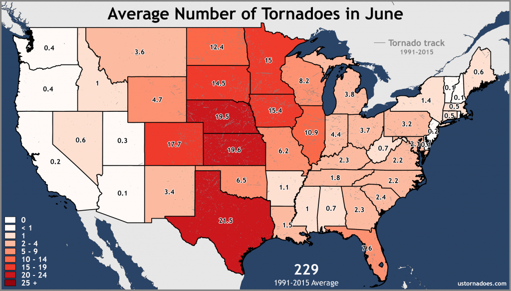 Número promedio en junio de tornados en EE.UU. Datos entre 1951 y 2015. Gráfica por USTornadoes.com