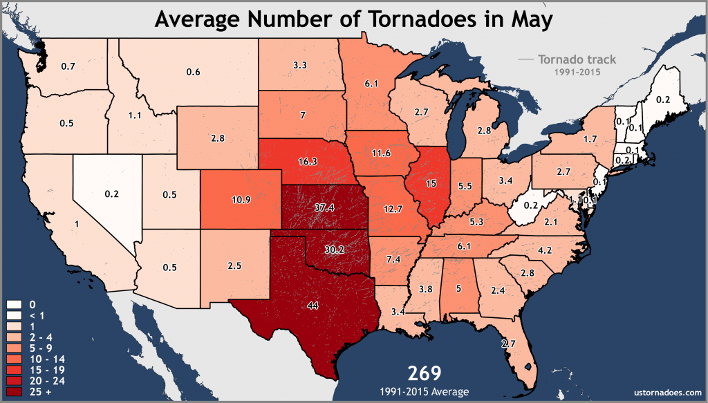 Número promedio en mayo de tornados en EE.UU. Datos entre 1951 y 2015. Gráfica por USTornadoes.com