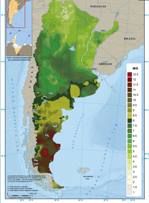 Zonas con más viento en Argentina. Mapa por Educar.