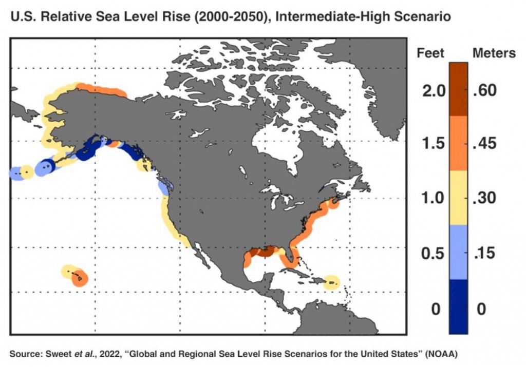 Proyecciones del aumento del nivel del mar si continuamos con las emisiones hasta ahora y no hacemos cambios para cortarlas.