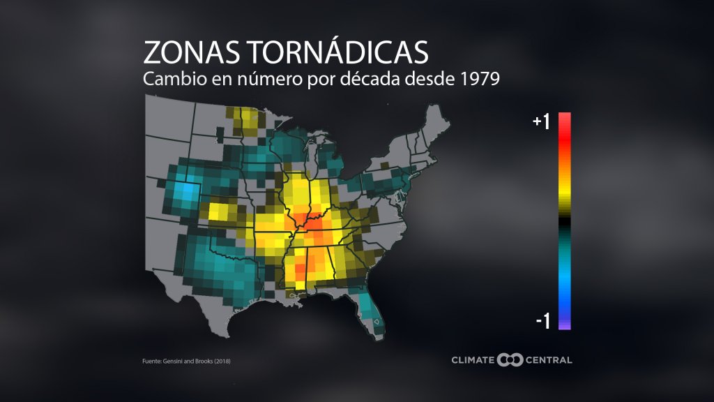 Zonas de tornados por década desde 1979. Mapa por Climate Central.