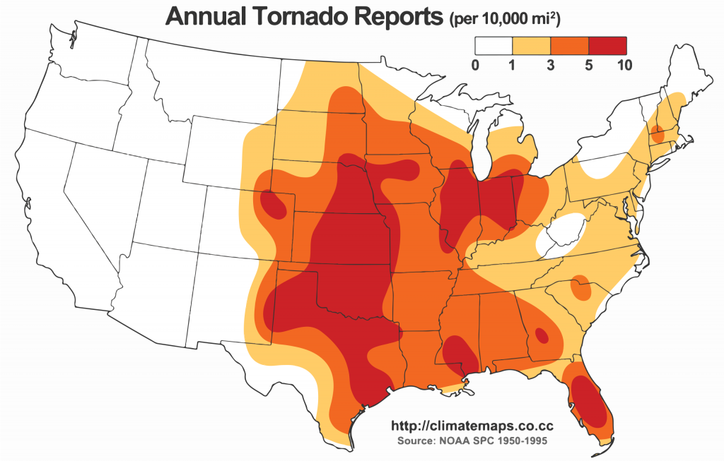 Promedio de reportes de tornados anualmente en los EE.UU. por 10.000 millas cuadradas Imagen por NOAA-SPC