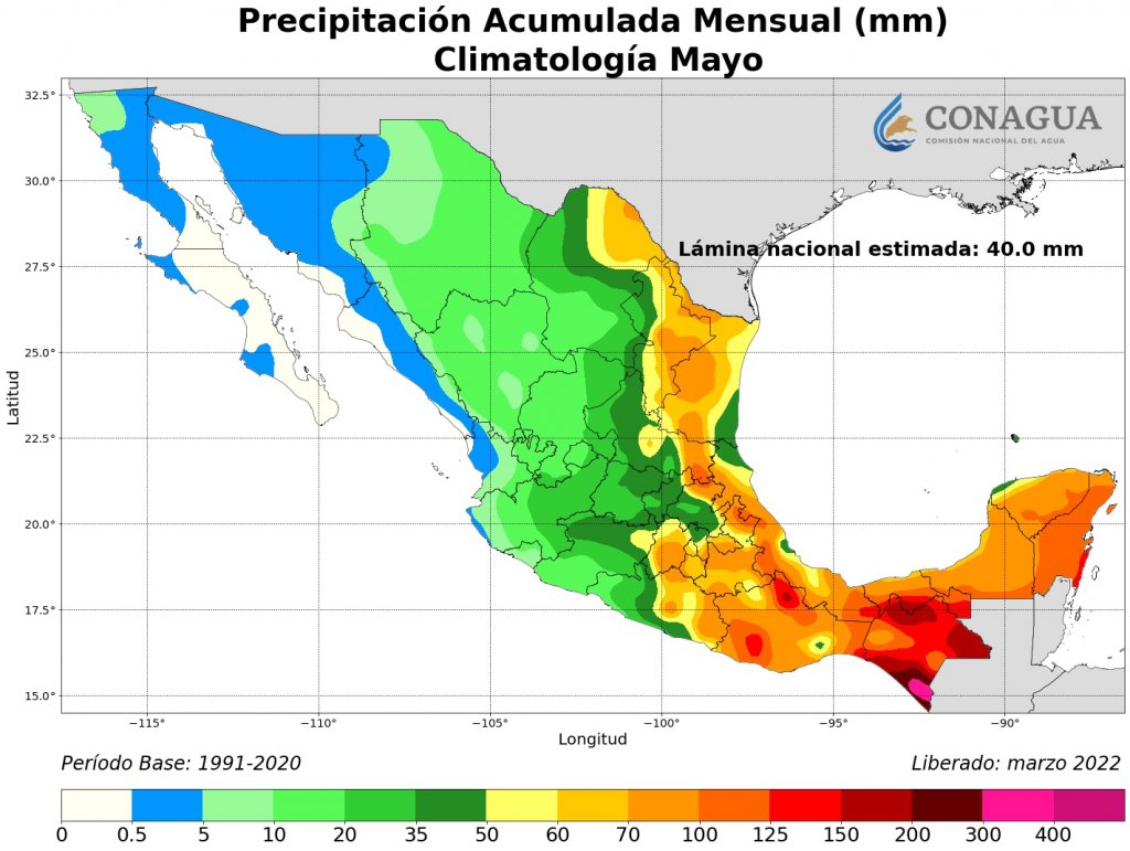 Climatología de acumulados de lluvia para el mes de mayo. Fuente: Conagua