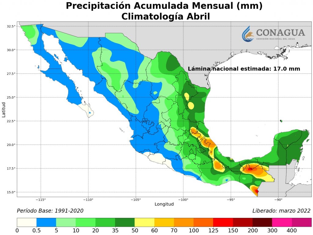 Climatología de acumulados de lluvia para el mes de abril. Fuente: Conagua