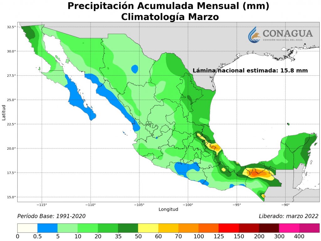 Climatología de acumulados de lluvia para el mes de marzo. Fuente: Conagua 