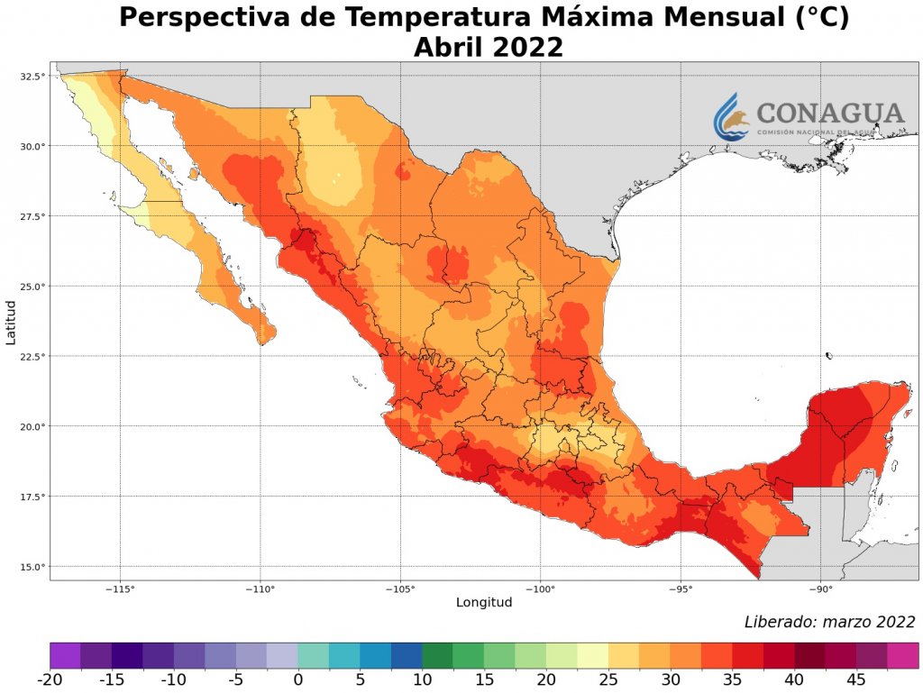 Previsión de temperaturas para el mes de abril. Fuente conagua