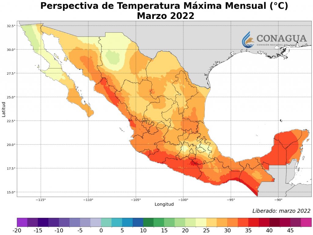 Previsión de temperaturas para el mes de marzo. Fuente Conagua