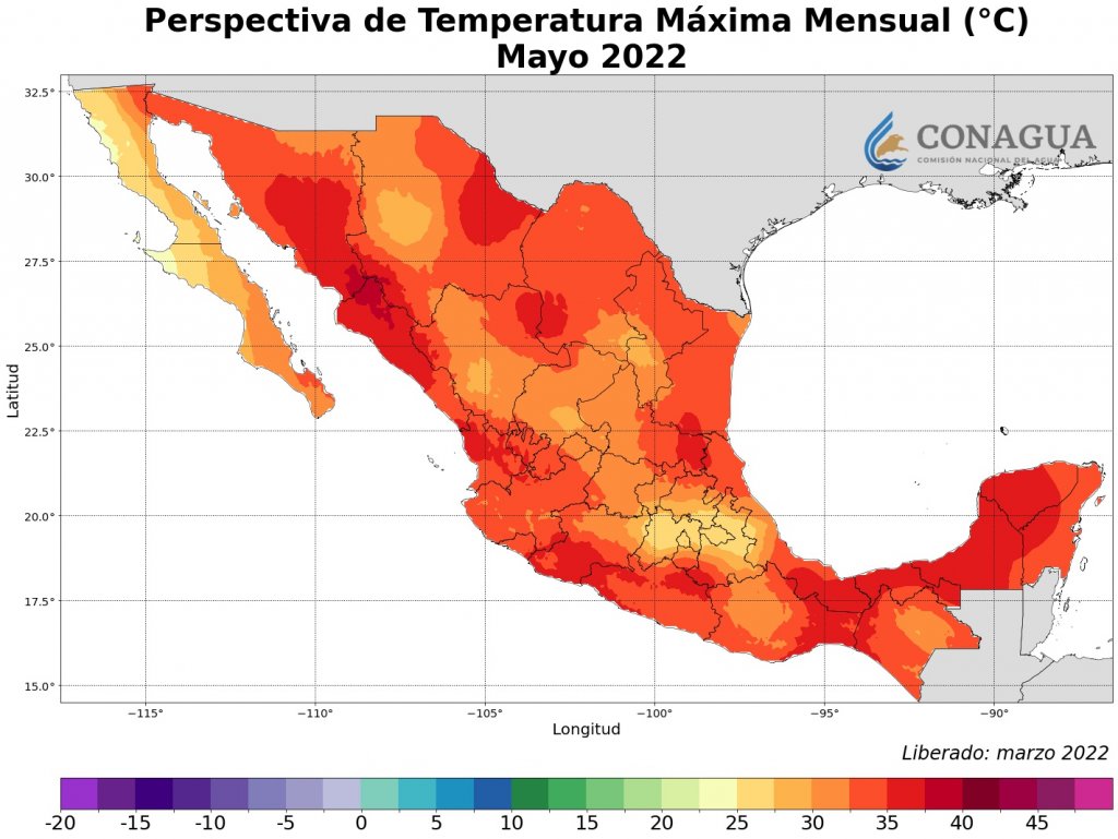 Previsión de temperaturas para el mes de mayo. Fuente Conagua
