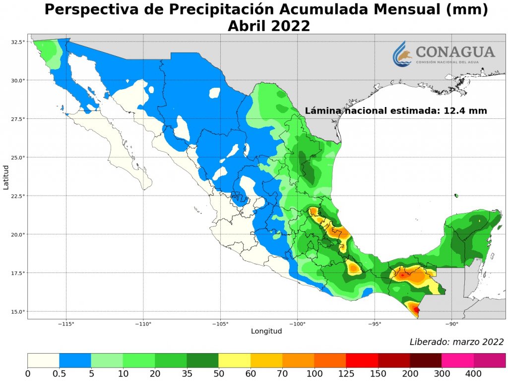 Pronóstico de lluvias para el mes de abril 2022 en mm. Fuente: Conagua