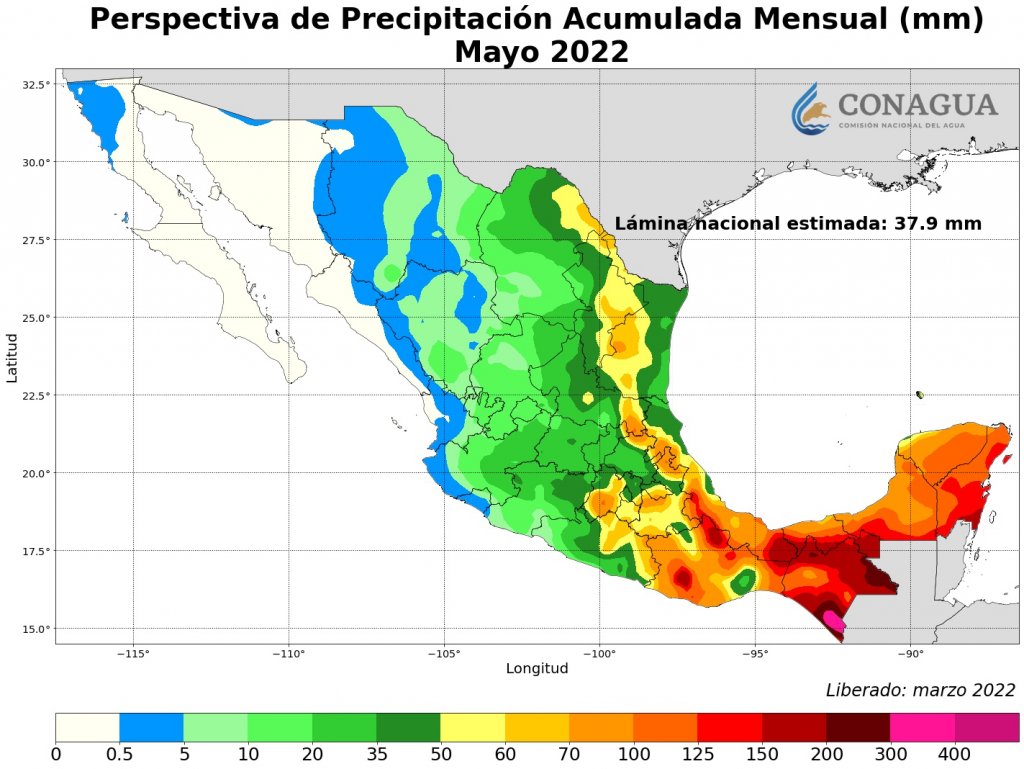 Pronóstico de lluvias para el mes de mayo 2022 en mm. Fuente: Conagua