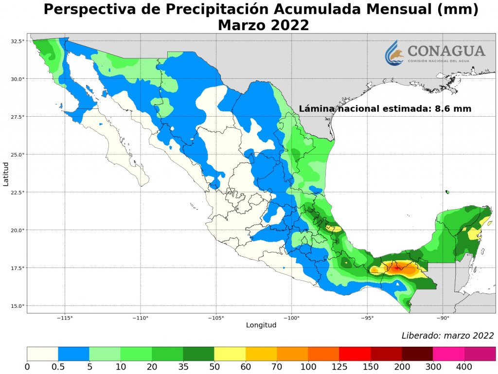 Pronóstico de lluvias para el mes de marzo 2022 en mm. Fuente: Conagua 