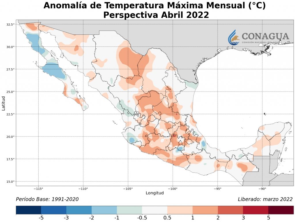 Anomalía de temperaturas para el mes de abril. Fuente conagua