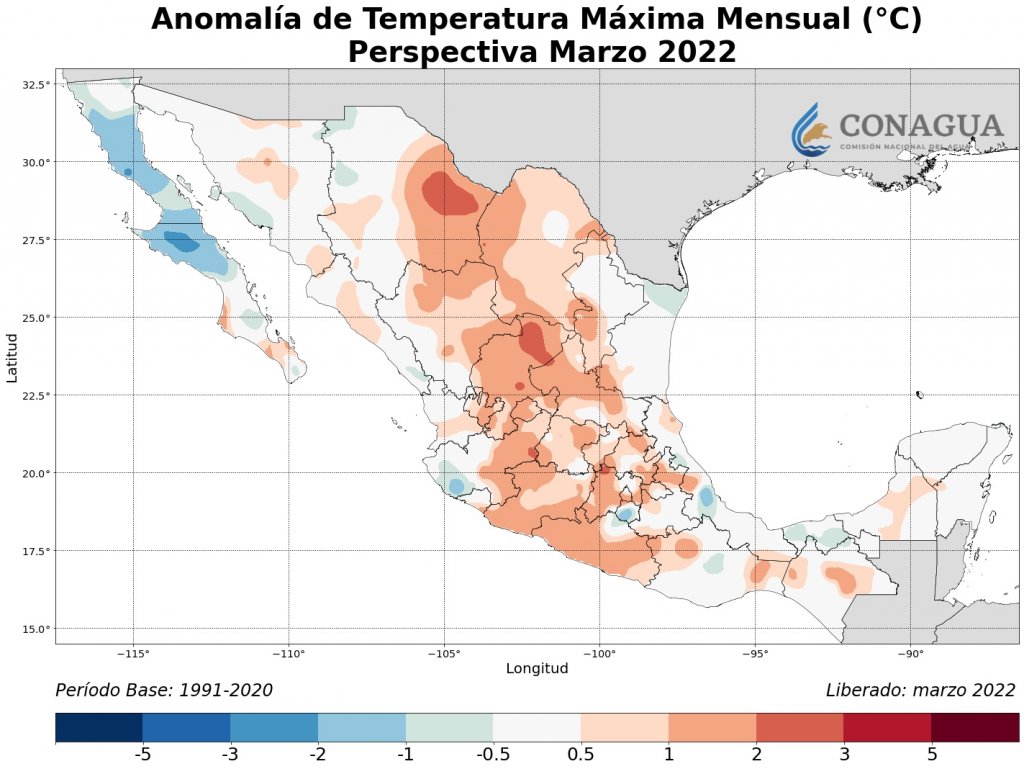 Anomalía de temperaturas para el mes de marzo. Fuente conagua