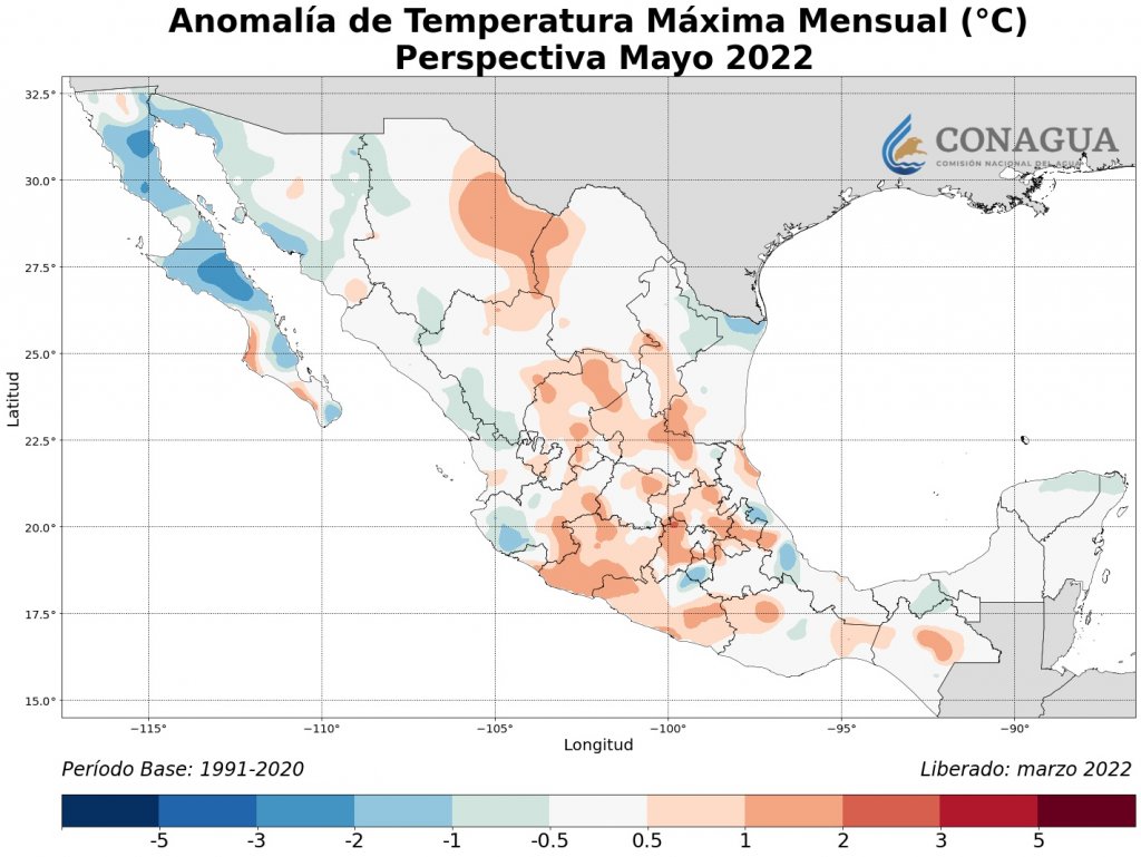 Anomalía de temperaturas para el mes de mayo. Fuente conagua