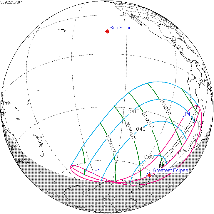 Trayectoria y horas de visibilidad del eclipse de Sol del 30 de abril del 2022.