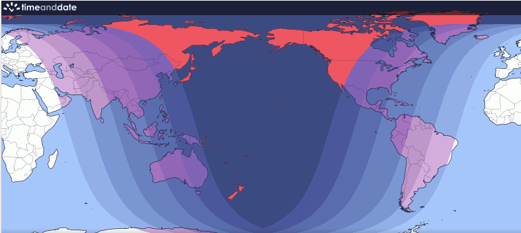 Eclipse lunar total que ocurrirá el 7 de noviembre. Será visto desde el oeste de los EE.UU hasta partes de Asia. Mapa por TimeandDate.com