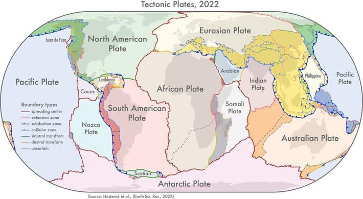 Mapa actualizada de las placas tectónicas de la Tierra